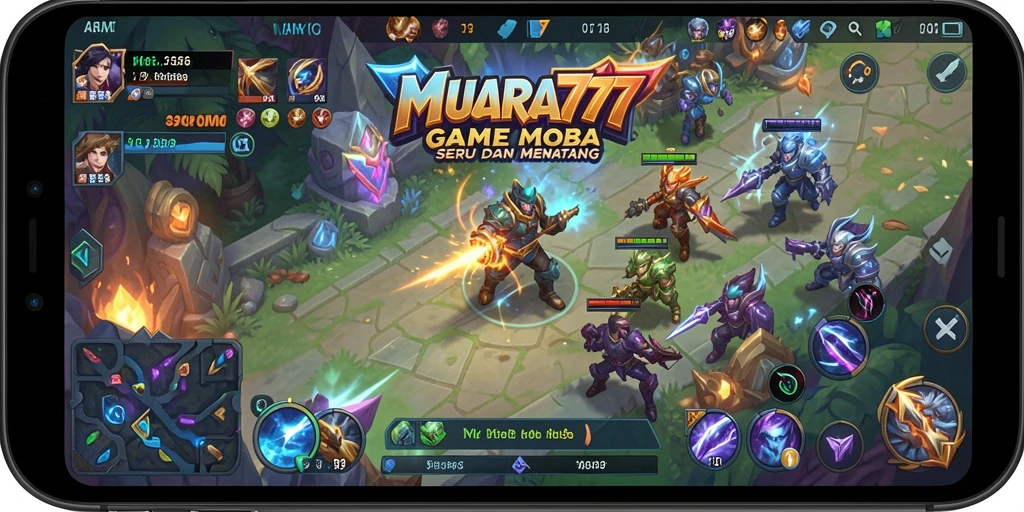 Tangkapan layar gameplay seru dalam MUARA777, menunjukkan aksi MOBA yang intens.